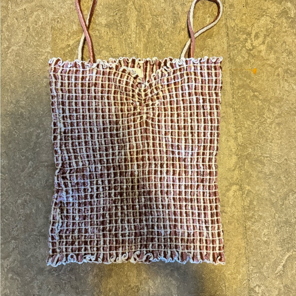 Madewell Brown and White Smocked Camisole Tank Top